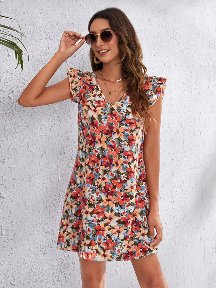 SHEIN Allover Floral Print Ruffle Armhole Dress | SHEIN