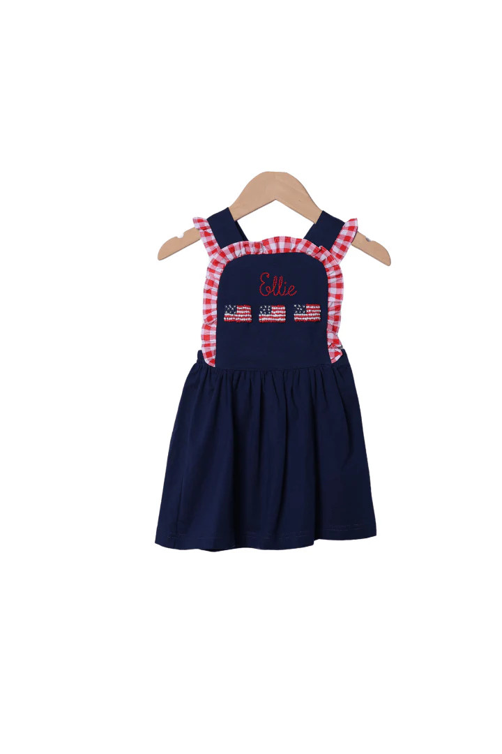 French Knot American Flag Navy/Red Gingham Knit Dress | The Smocked Flamingo