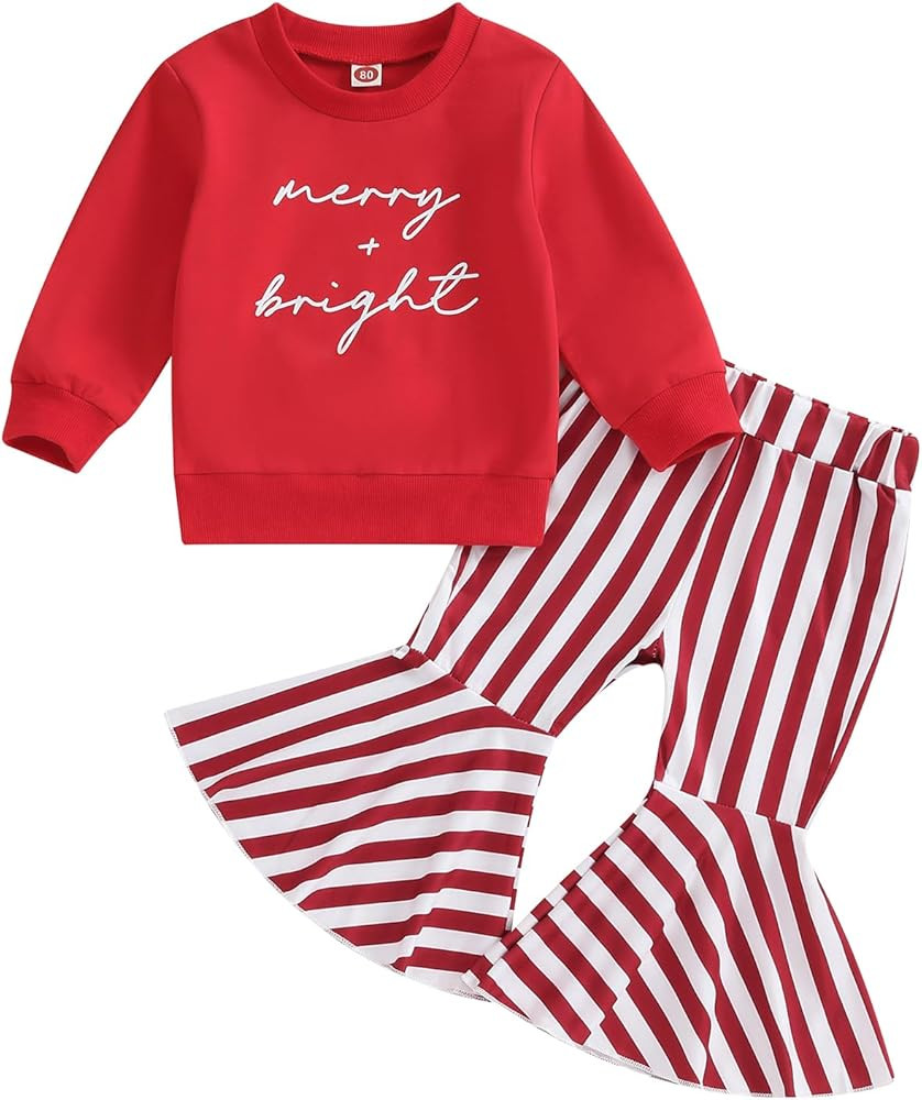 Kupretty Baby Girl Fall Winter Clothes Santa Baby Crewneck Sweatshirts Striped Flare Pants Set To... | Amazon (US)