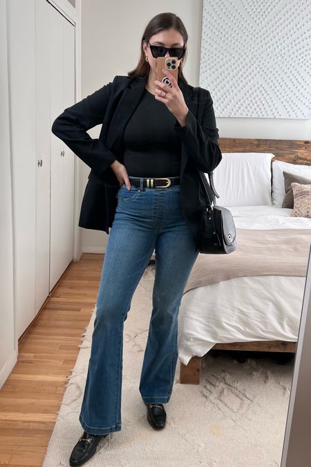 Workwear outfit with black amazon blazer, flare pants from Spanx, and black loafers 

#workoutfit #officeoutfit #casualfridays #flarejeans 

#LTKunder100 #LTKstyletip #LTKworkwear