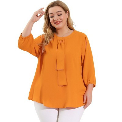 Women's Plus Size Tie Crew Neck 3/4 Ruffle Sleeves Work Office Chiffon Blouses - Agnes Orinda 3X Orange | Target