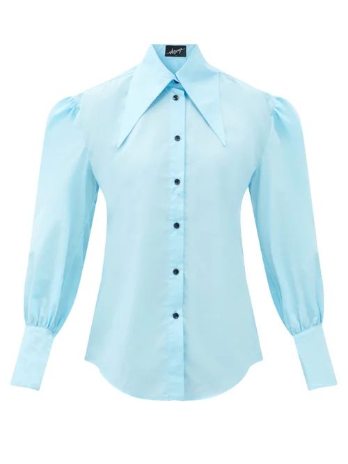 Elzinga - Gathered-sleeve Cotton-blend Poplin Blouse - Womens - Blue | Matches (US)