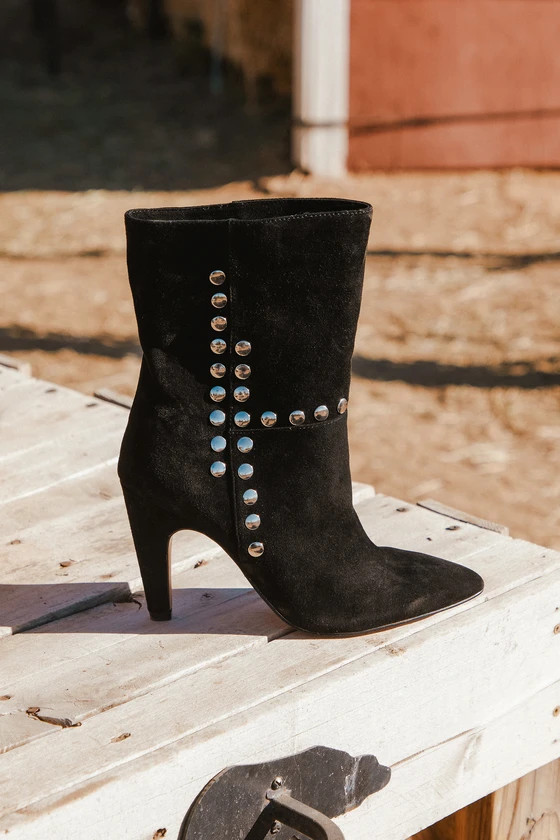 Konnie Black Suede Leather Studded Pointed-Toe Mid-Calf Boots | Lulus