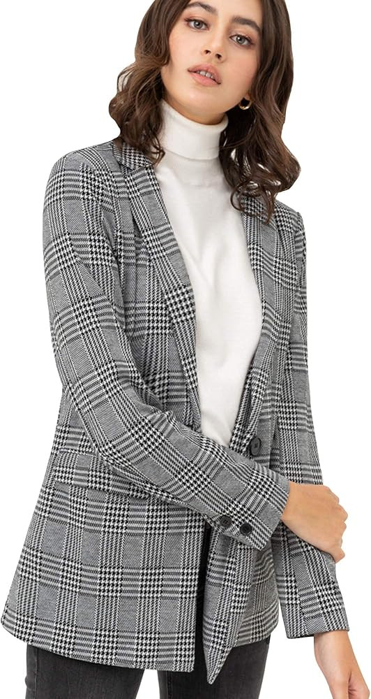Women's Lapel Collar Coat Check Plaid Long Sleeve Casual Jacket Blazer Outerwear | Amazon (US)
