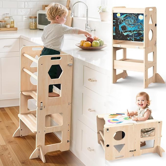 4-in-1 Toddler Kitchen Step Stool, Foldable Learning Standing Tower with Blackboard, Wooden Kitch... | Amazon (US)