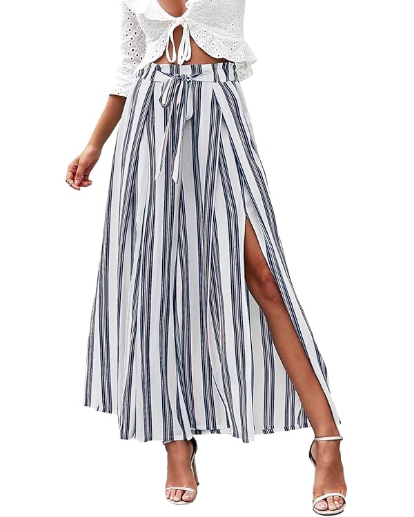 Simplee Women's Casual Split Wide Leg Pants High Waist Palazzo Flowy Beach Pants Summer Boho Loun... | Amazon (US)