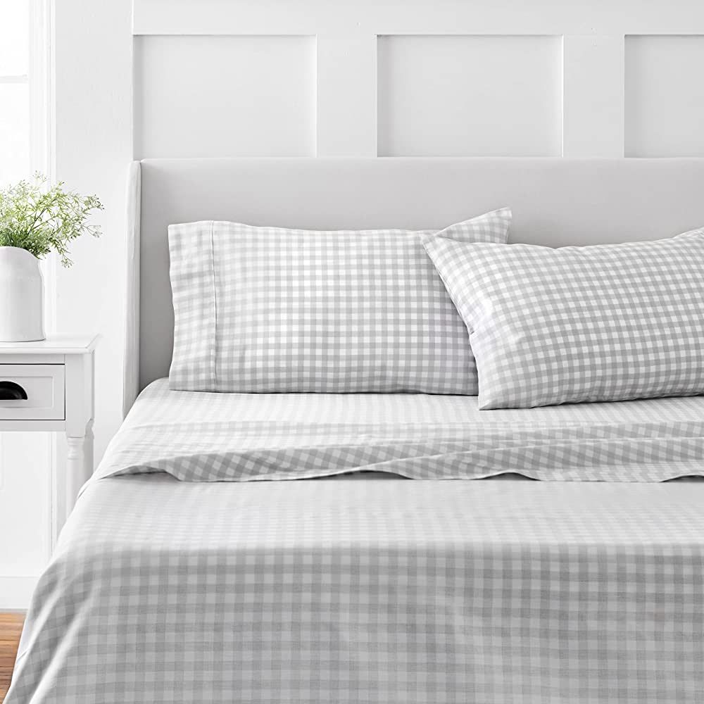 MARTHA STEWART Cotton Gingham Grey Sheets for Queen Size Bed - 4 Piece | 1 Flat Sheet - 1 Fitted ... | Amazon (US)