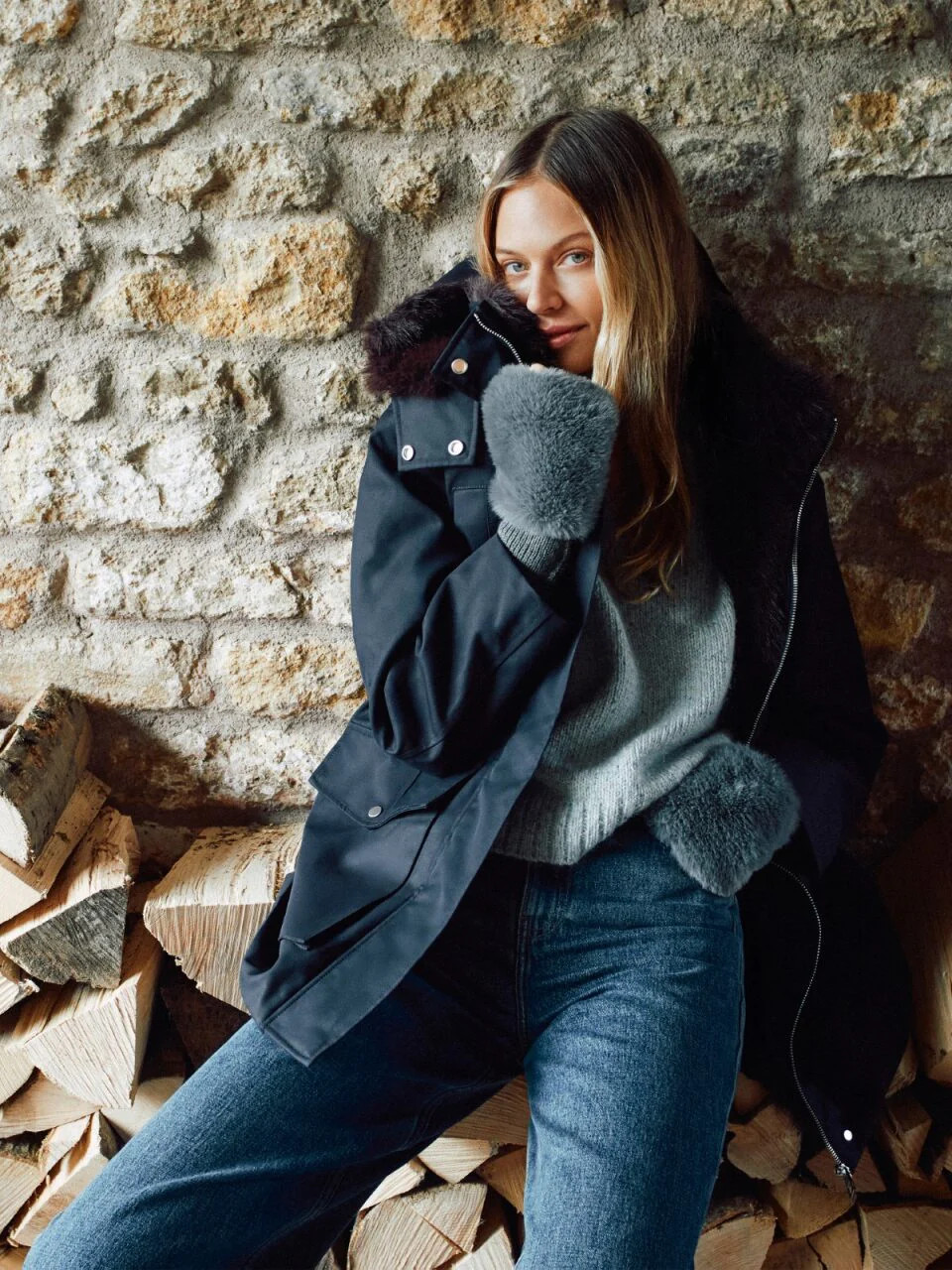 Fur Trim Hooded Parka | Navy | Jigsaw (UK)