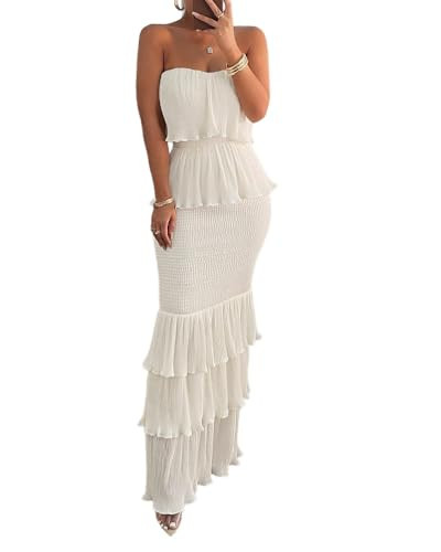 CHICME Long Bridesmaid Dresses for Women Shirred Ruffle Hem Layered Bandeau Wedding Guest Dress Formal Evening Party Dress White-M | Amazon (US)