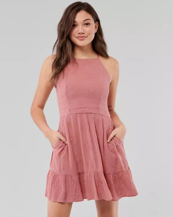 High-Neck Tiered Eyelet Dress | Hollister UK