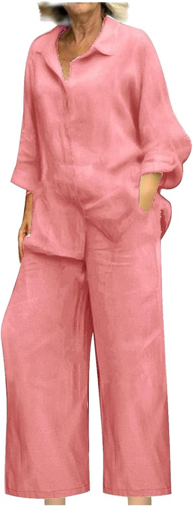 Tatumaie Linen Sets for Women 2 Piece Spring Summer Long Sleeve Clothing Casual Loose Wide Leg Pa... | Amazon (US)