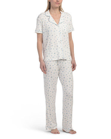 2pc Ditsy Floral Short Sleeve Notch Top And Pants Pajama Set | TJ Maxx