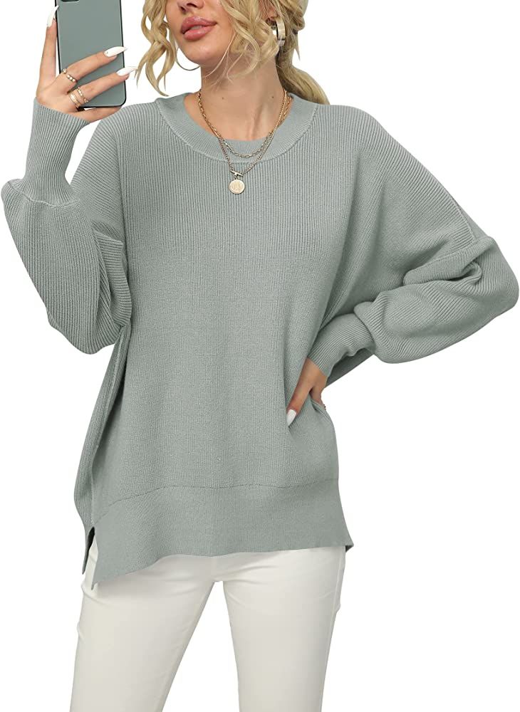 ANRABESS Women Crewneck Batwing Sleeve Oversized Side Slit Ribbed Knit Pullover Sweater Top | Amazon (US)