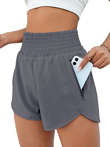 BMJL Women's Athletic Shorts High Waisted Running Shorts Pocket Sporty Short Gym Elastic Workout Shorts（XS,Flower Grey | Amazon (US)