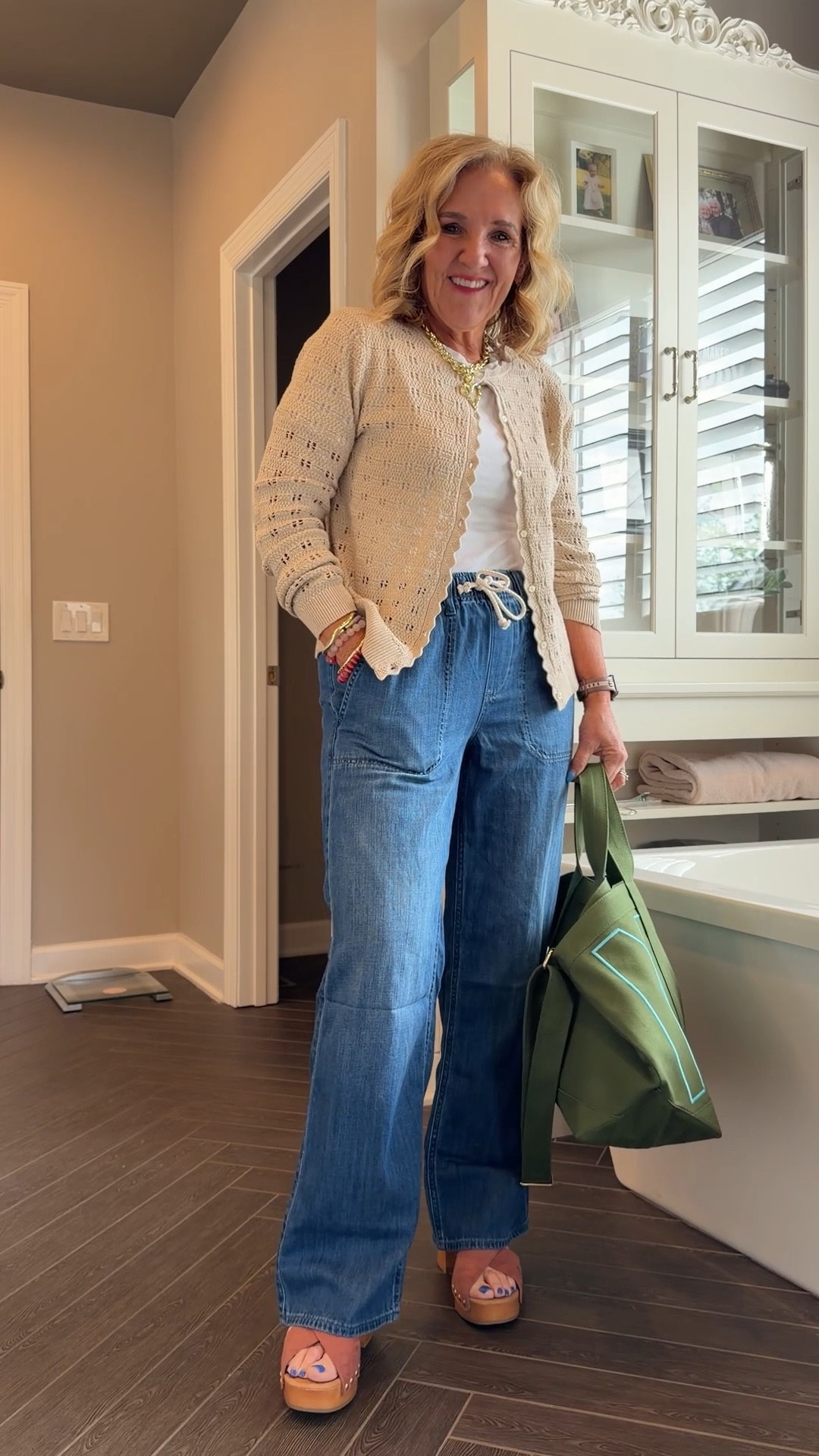 Drawstring jeans restocked! Wearing a 29 reg. Unfortunately the sweater is limited in the tan. Will link similar. 

White tee size medium 
Clogs size down if inbetween 
Allie & Bess bracelets & necklace 20% off code NANETTE20

#LTKSaleAlert #LTKOver40 #LTKootd