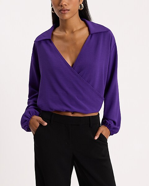 Collared V-Neck Long Sleeve Surplice Top | Express
