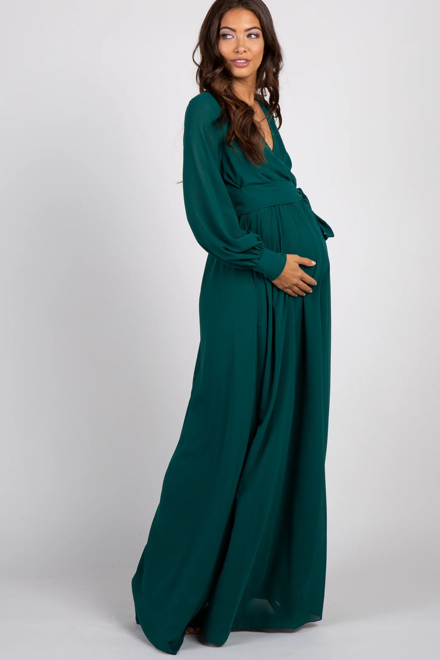 Green Chiffon Long Sleeve Pleated Maternity Maxi Dress | PinkBlush Maternity