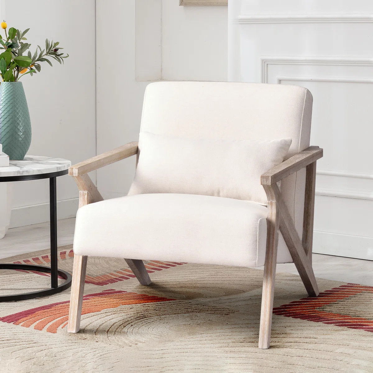26.8" Wide Upholstered Linen Blend Accent Chair With Wooden Legs And Pillow | Wayfair North America
