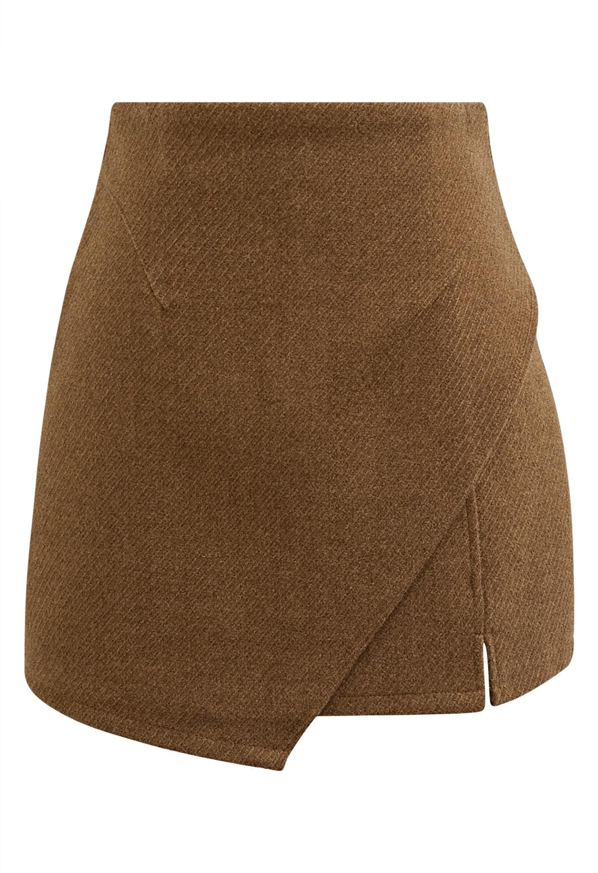 Notched Hem Wool-Blend Flap Mini Skirt in Camel | Chicwish