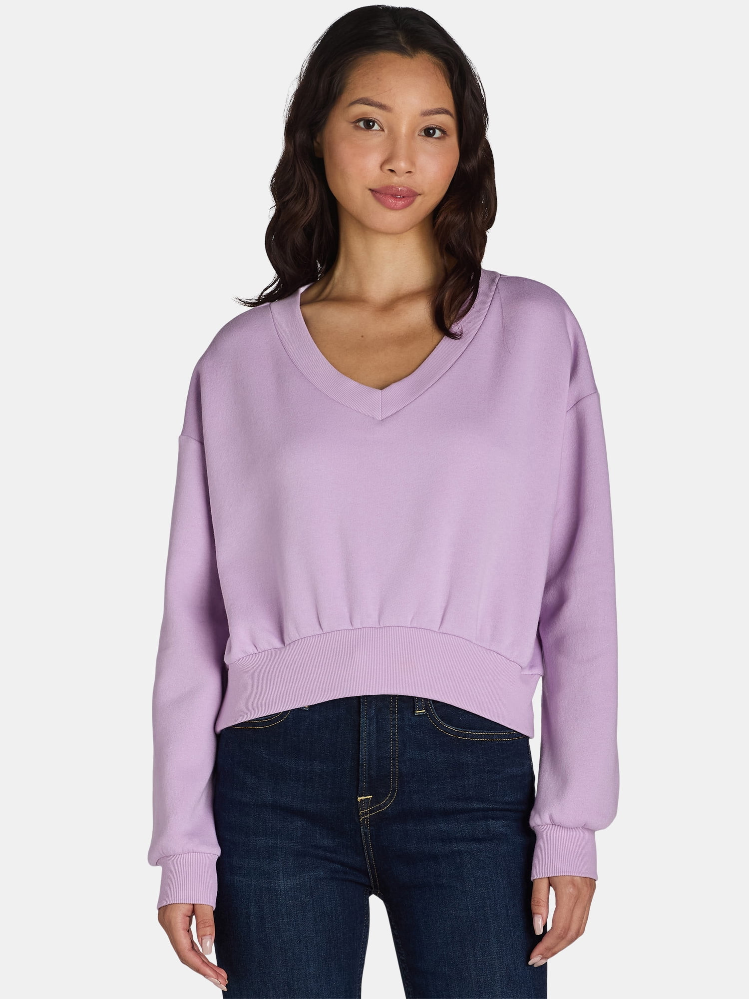 No Boundaries Cropped V Neck Sweatshirt, Women’s and Women’s Plus | Walmart (US)