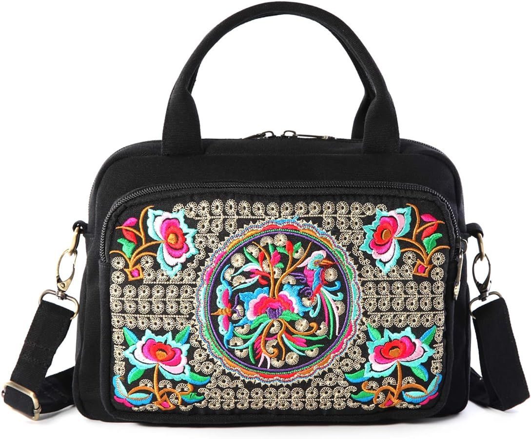 Embroidered Canvas Top Handle Handbag, 3 Layers Crossbody Bag | Amazon (US)