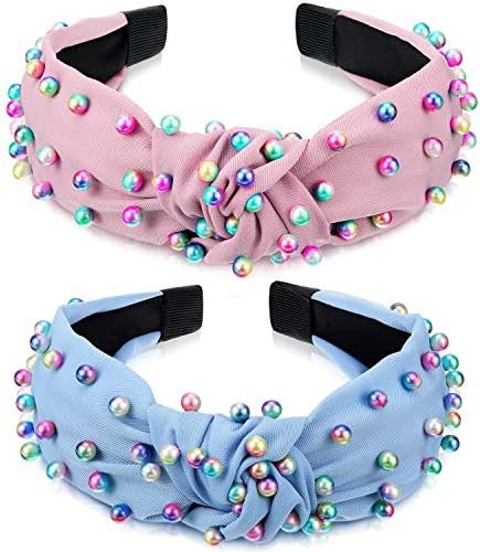 2 Pieces Headbands for Women Pearl Knotted Girls Headband Colorful Jeweled Embellished Gem Hairba... | Amazon (US)