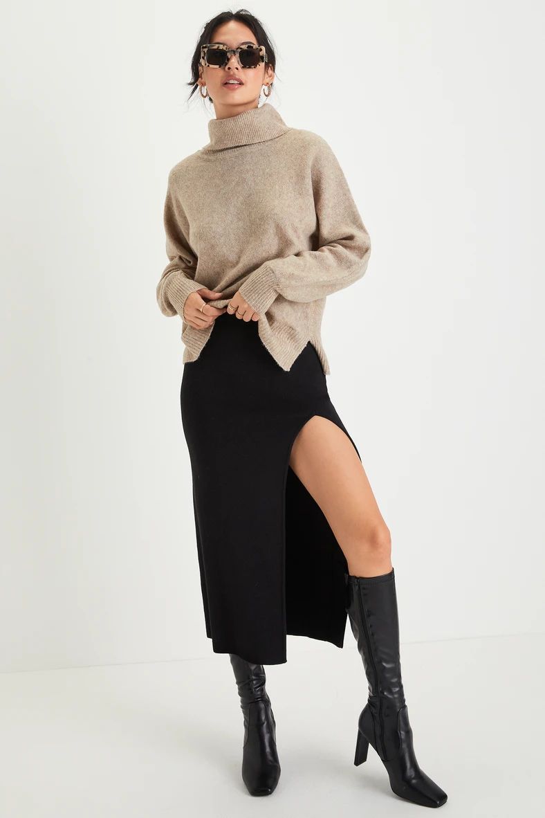 Coziest Pick Heather Taupe Turtleneck Oversized Sweater | Lulus