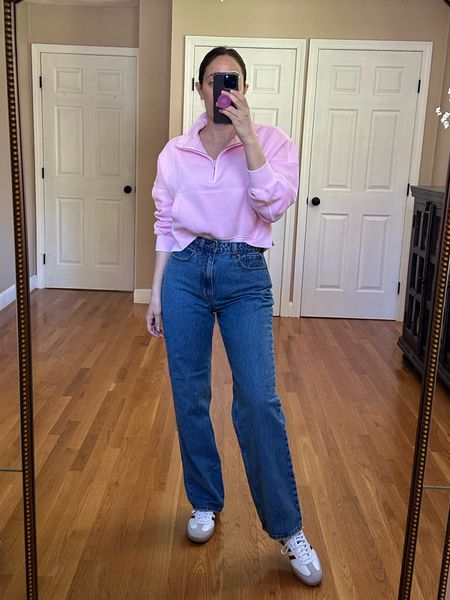 The most perfect and flattering jeans! The regular length is perfect if you’re petite. I sized down but could have gone true to size also. Sweatshirt is sold out in this color but comes in others! And my fave sambas - size down 
