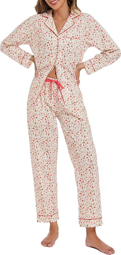 LUBOT 100% Cotton Pajamas for Women 2 Piece PJ Set Woven Poplin Ladies Button Long Sleeve Lightwe... | Amazon (US)