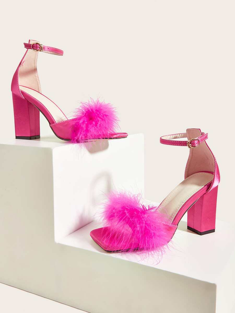 Fuzzy Decor Chunky Heeled Ankle Strap Sandals
   SKU: sx2204254442500693      
          (851 Rev... | SHEIN