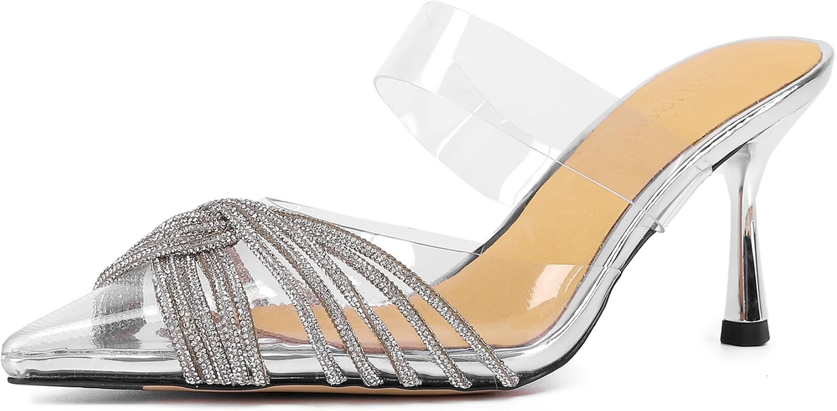 Women's Mid heel Mule Sandals Pointed Toe Rhinestones Heels Clear PVC Stiletto Slide Slipper Crys... | Amazon (US)