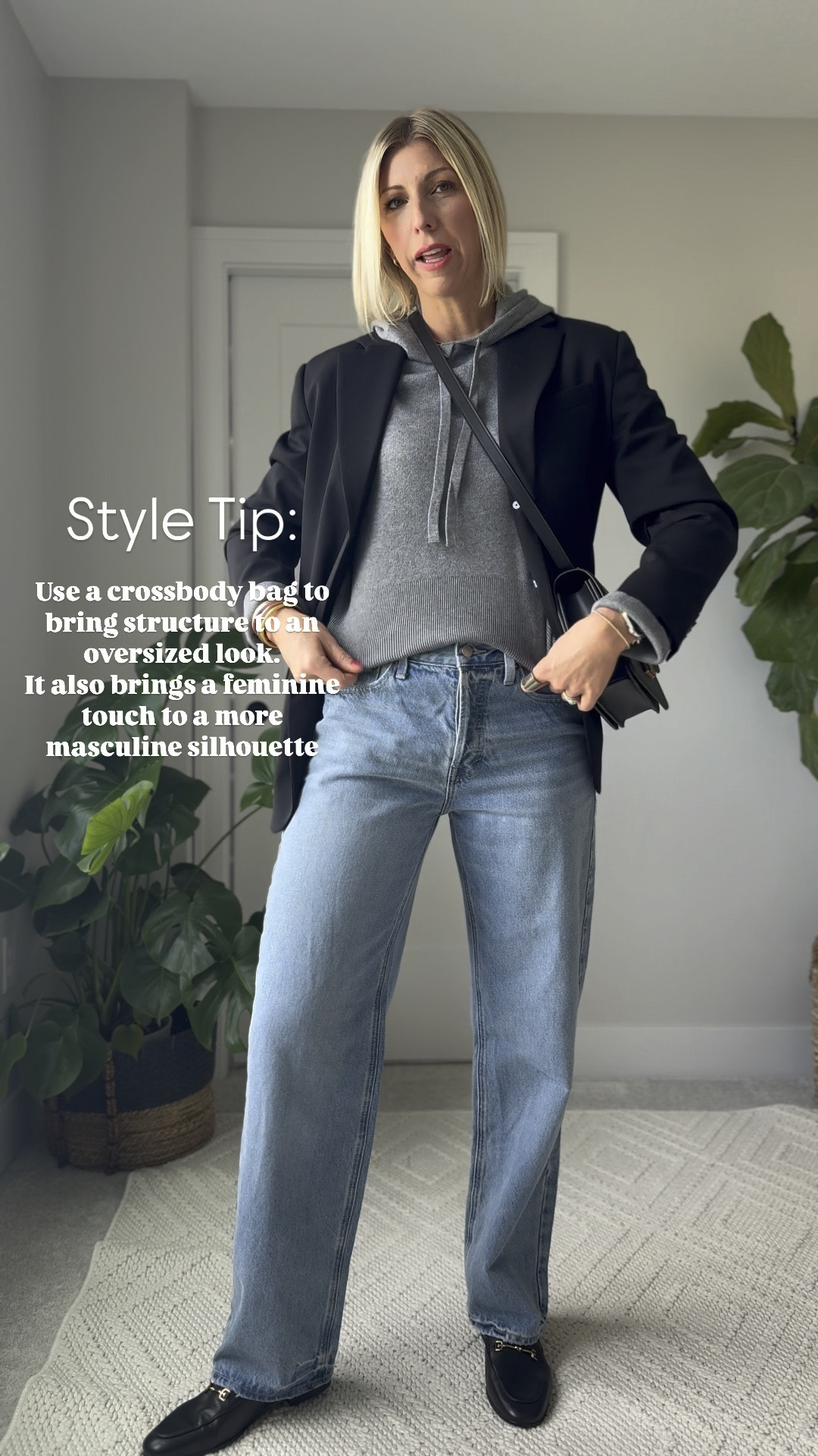 Love this elevated, relaxed, look with a sweater hoodie, baggy jeans, and blazer. 
Wearing my tts small in the sweater + sized up one in the jeans for a relaxed fit 👍🏻

#LTKStyleTip #LTKFindsUnder50 #LTKOver40