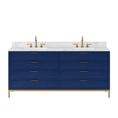 Bristol 72 In. Double Sink Carrara White Marble Countertop Bath Vanity In Monarch Blue With Satin Gold Gooseneck Faucets | Wayfair North America
