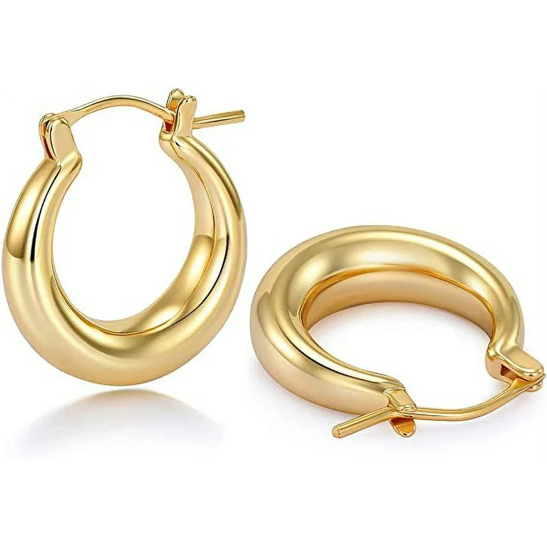 Chunky Gold Hoop Earrings for Women with 925 Sterling Silver Post, 14K Gold Plated Small Thick Go... | Walmart (US)