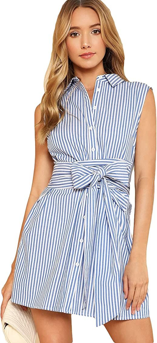 Romwe Women's Cute Striped Belted Button up Collar Summer Short Shirt Dress | Amazon (US)