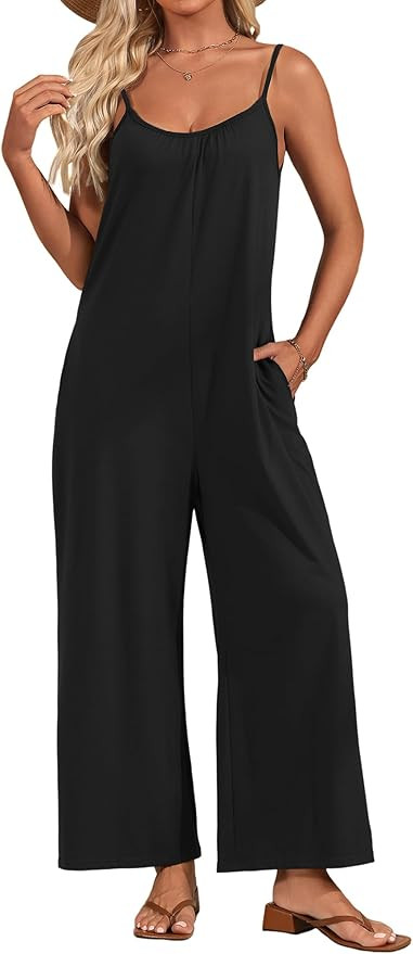 Womens Sleeveless Jumpsuit Spaghetti Strap Wide Leg Summer Casual Loose Long Pants Stretchy Rompe... | Amazon (US)