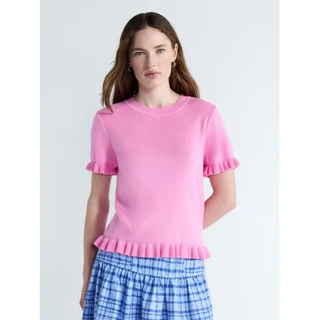 Free Assembly Women’s Ruffle Trim Sweater with Short Sleeves Lightweight Sizes XS-XXL | Walmart (US)