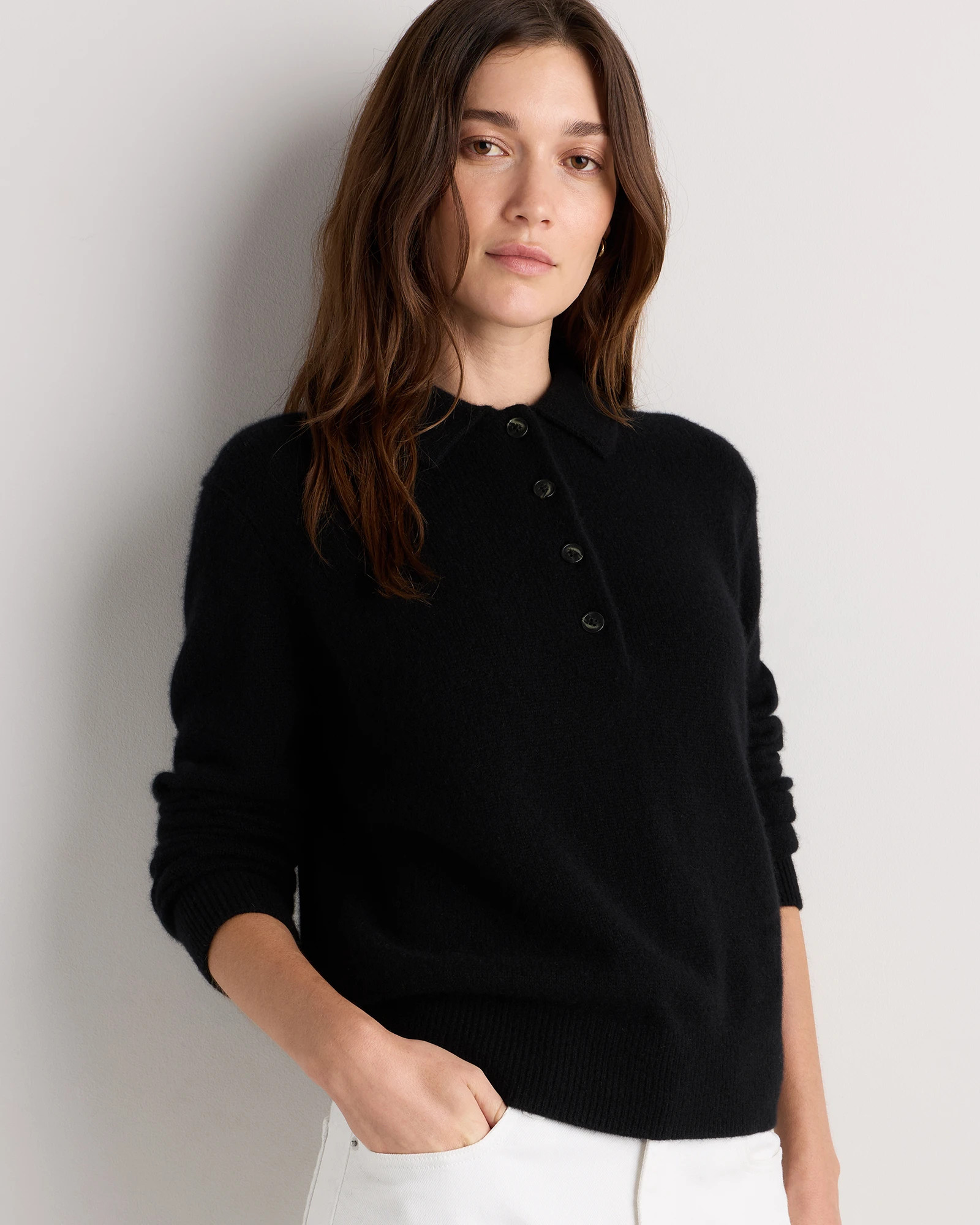 Quince | Women's Mongolian Cashmere Button Polo Sweater in Heather Grey, Size Small | Quince