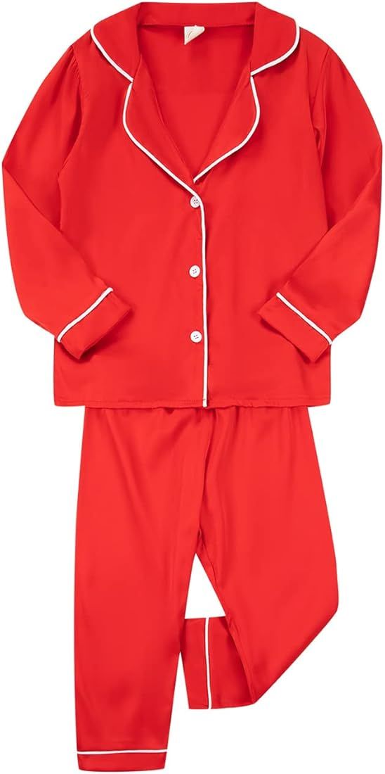 Toddler Baby Kids Satin Pajamas Set, Long Sleeve Button-Down Sleepwear PJs for Girls | Amazon (US)