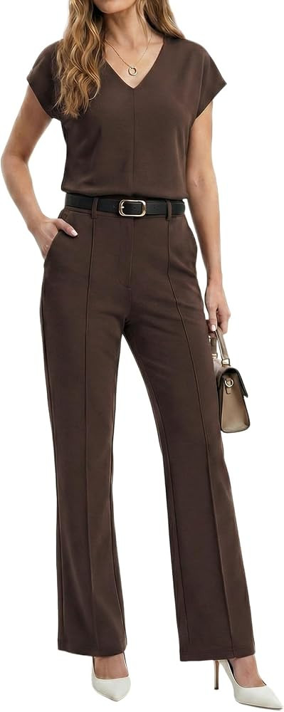 GRECERELLE 2026 Women's Spring & Summer Casual 2 Piece Set : V-Neck Top & Wrinkle-Free Pants With... | Amazon (US)