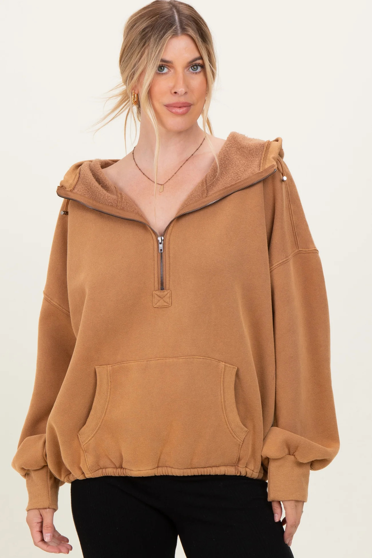 Mocha Fleece Half Zip Drop Shoulder Maternity Hoodie | PinkBlush Maternity