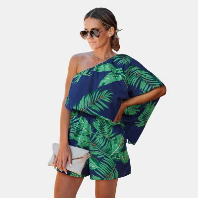 Cupshe Women's Tropical One-Shoulder Romper with Palm Leaf Print-S-Green | Target
