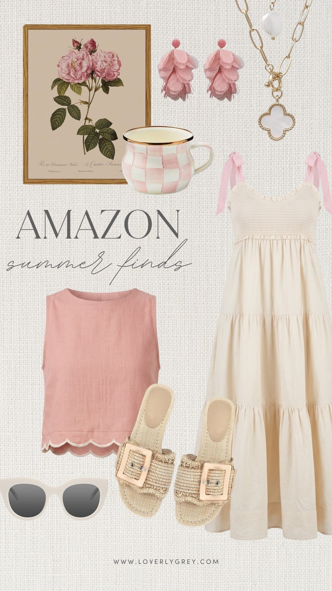 If you love a romantic, neutral summer aesthetic with a pop of pink, this Amazon lineup is a total dream! Treat yourself to these top-tier, affordable style essentials before they sell out. Loverly grey, Amazon summer finds, smocked midi dress, raffia sandals, summer style finds

#LTKgrwm #LTKootd #LTKSeasonal