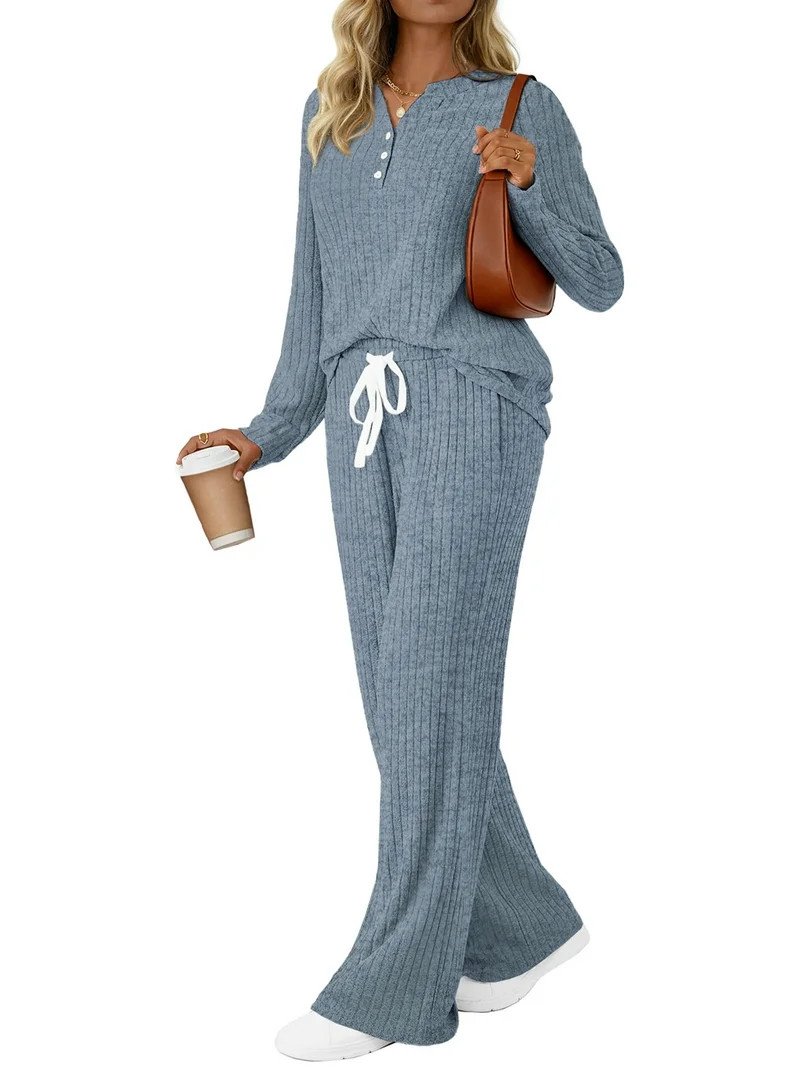 Fantaslook Two Piece Lounge Sets for Women Fall Travel Outfits Henley Neck Sweater tops Wide Leg ... | Walmart (US)