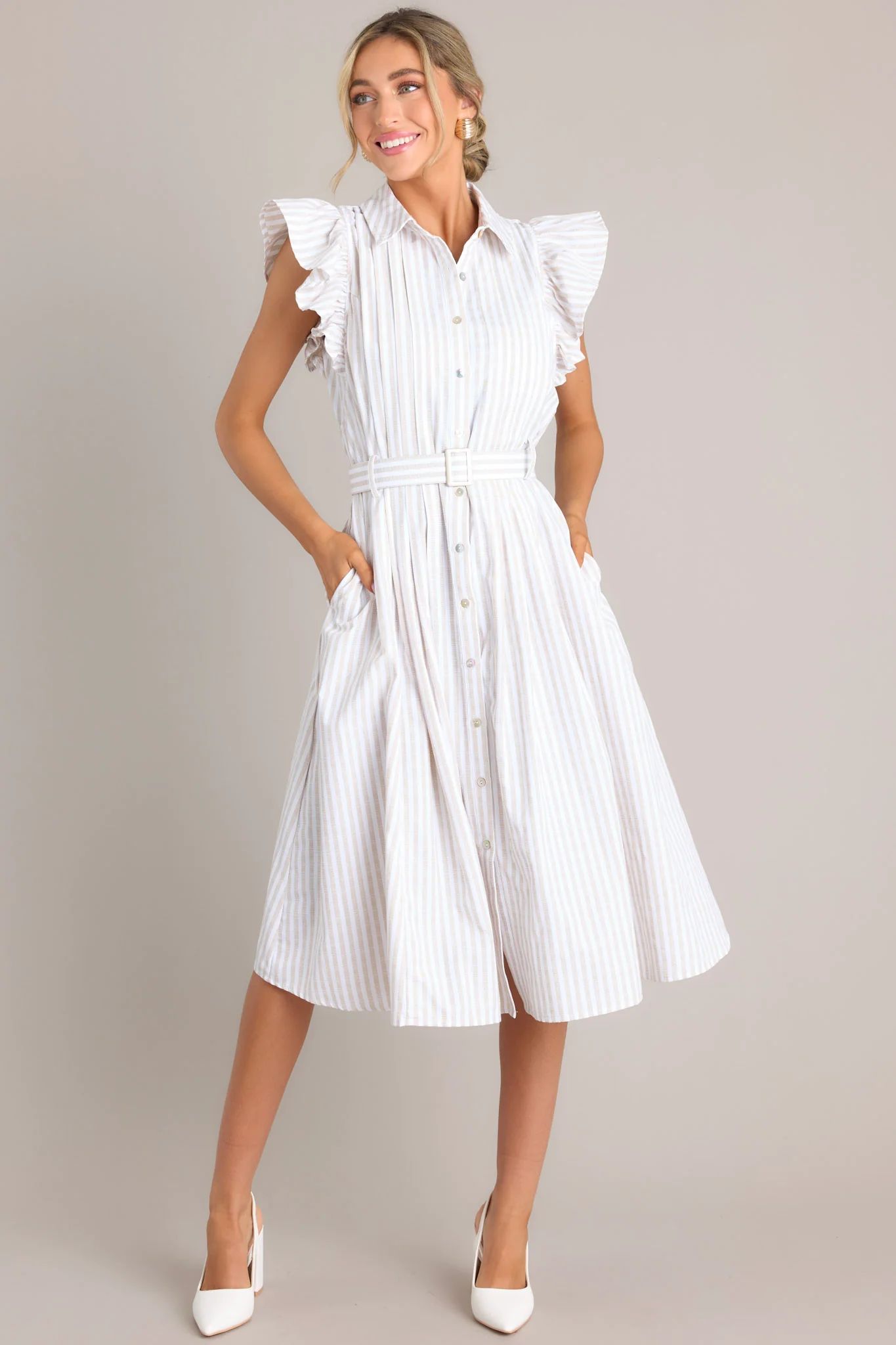 Simple Statement Taupe and White Stripe Button Front Midi Dress | Red Dress