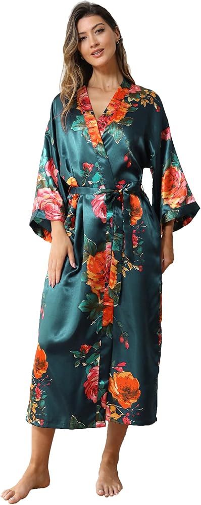 Women's Satin Kimono Robe Floral Long Silky Robes Bridal Kimonos Bridesmaid Party Dressing Gown | Amazon (US)