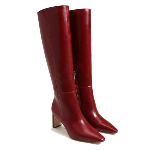 Burgundy Knee High Boots for Women Square Toe Chunky Heeled Wide Calf Boots with Side Zipper Fall Dress Elastic Tall Boots | Amazon (US)