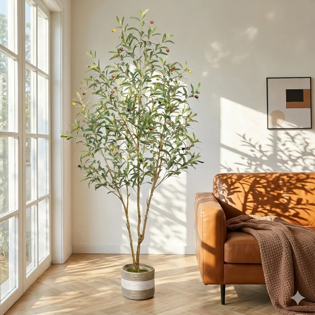 71" Faux Olive Tree, Tall Artificial Olive Tree with Dense Silvery-Green Leaves and Realistic Tru... | Wayfair North America