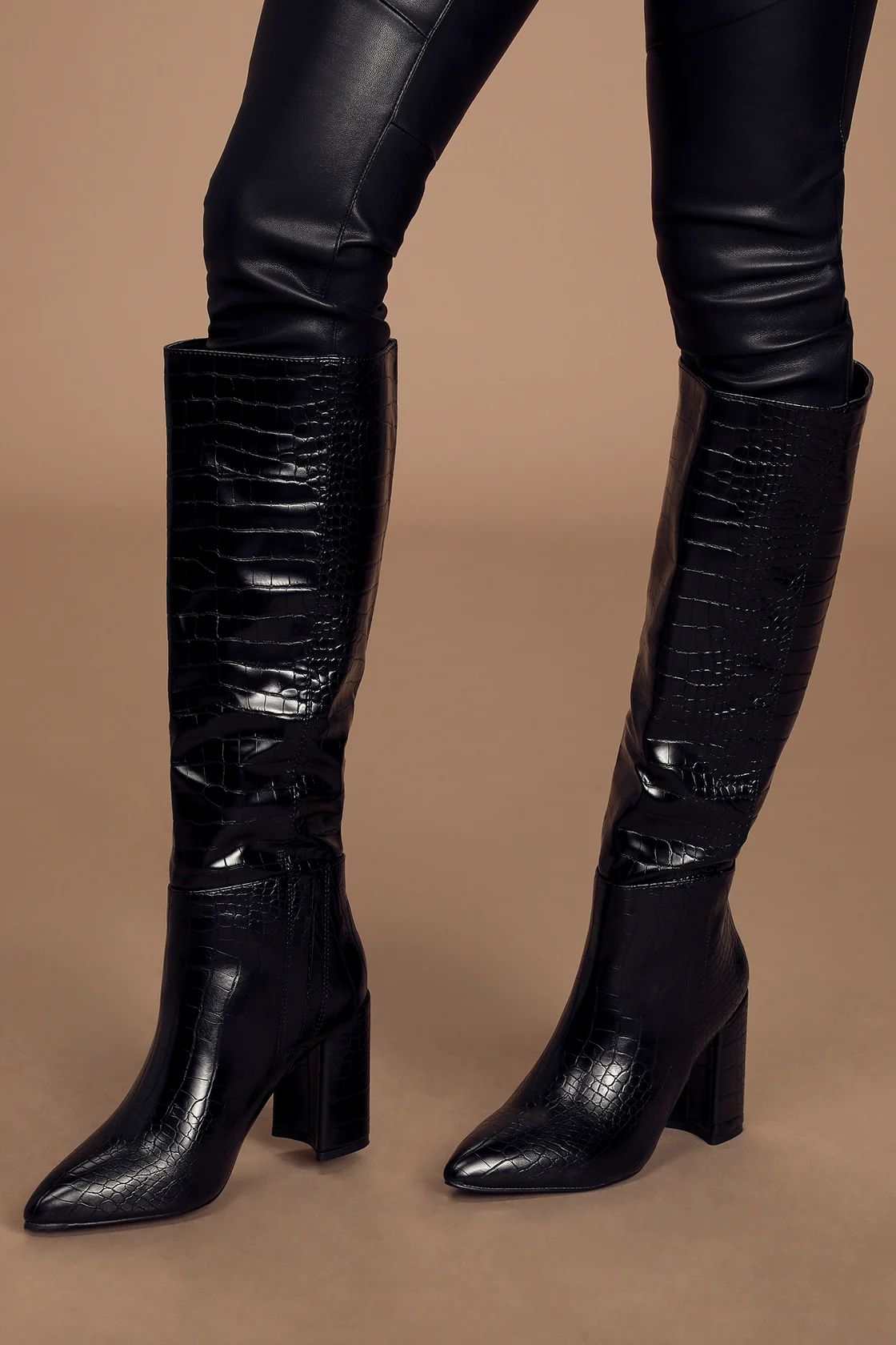 Katari Black Croc Pointed-Toe Knee High Boots | Lulus (US)