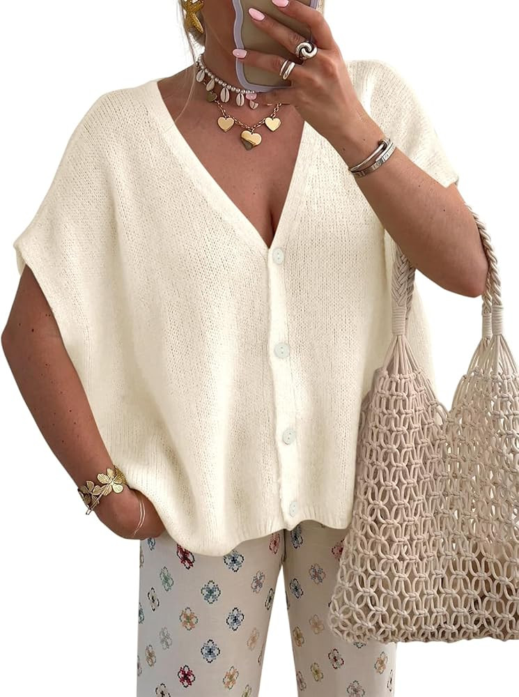 PRETTYGARDEN Womens 2026 Summer Oversized Cardigans Batwing Short Sleeve Lightweight Button V Nec... | Amazon (US)